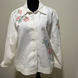 Alfred Dunner Shacket Shirt Jacket 14 P Artsy Floral Wearable Art Teacher Beaded